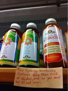 GT's Kombucha now in over-21 formulation Bottles of the new GT's AP5 line sit on a shelf at Locali in Los Angeles. A hand written sign underneath states the requirements for purchase: 21 and over with ID.