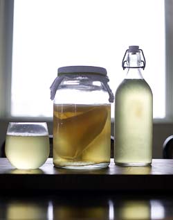 A bottle and glass of Kombucha set on either side of a currently brewing jar of Kombucha with a SCOBY inside.