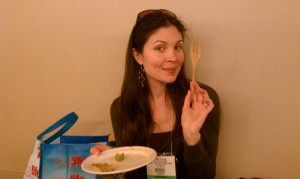 Rachel Avalon brings her own fork to the Natural Products Expo West 2011 Rachel Avalon holds up her wooden fork that she brought to the Natural Products Expo West 2011