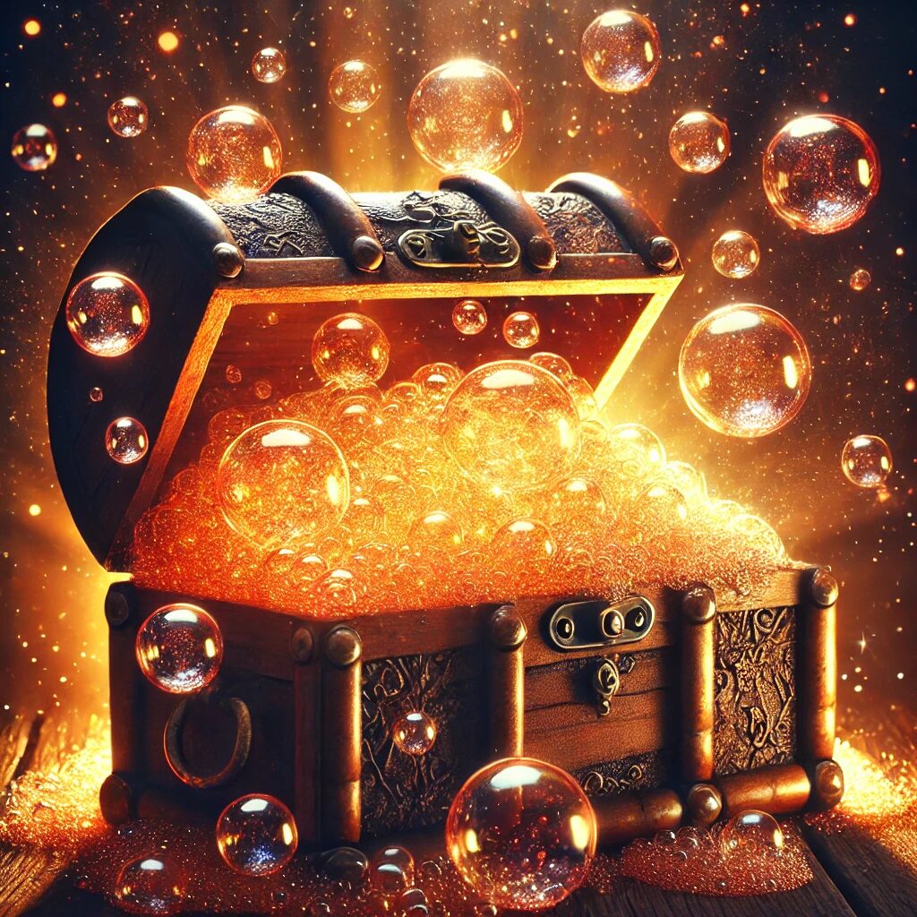 Golden treasure chest overflowing with bubbles representing the benefits of microbial magic