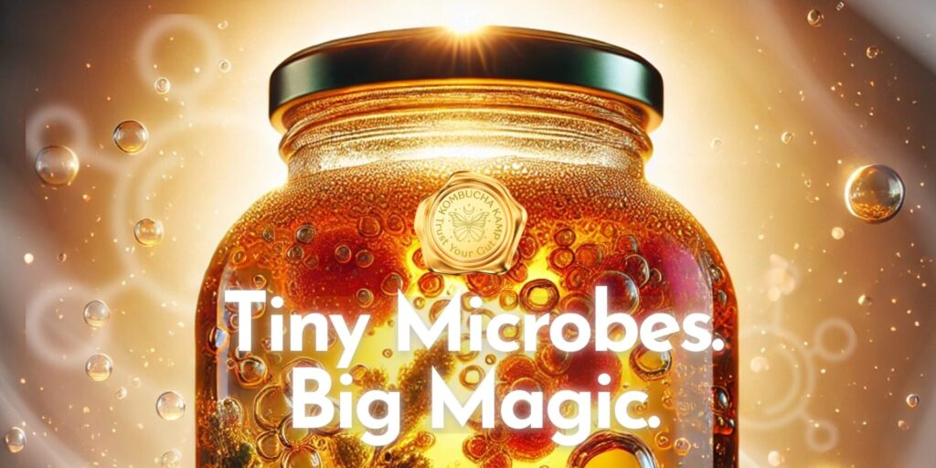 Bright, golden bottle of Kombucha surrounded by bubbled with white text reading "Tiny Microbes. Big Magic."