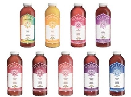 A few of the 18 flavors in Synergy Kombucha product line.