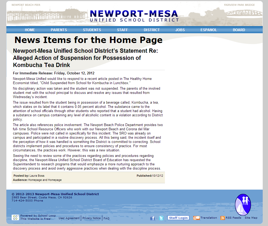 Newport Mesa School District Release October 12 2012 Child Suspended for Kombucha in Lunchbox