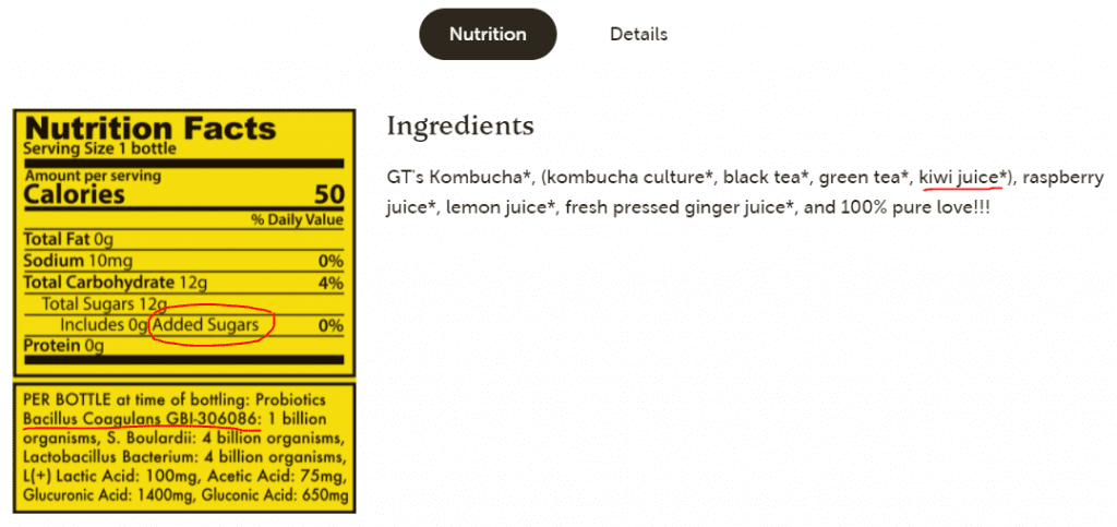 nutrition and ingredient panel of Trilogy Kombucha 