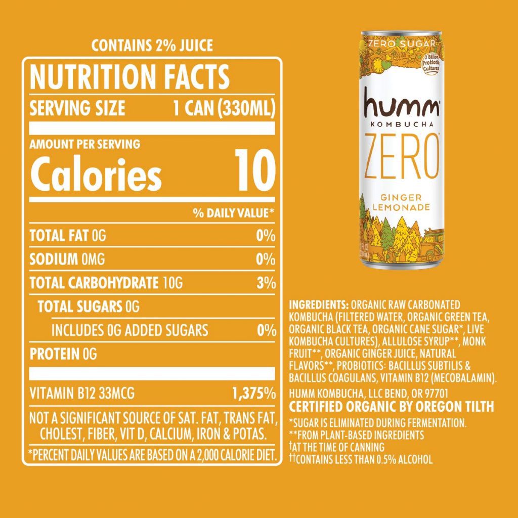 Humm Kombucha Zero label and nutrition facts panel