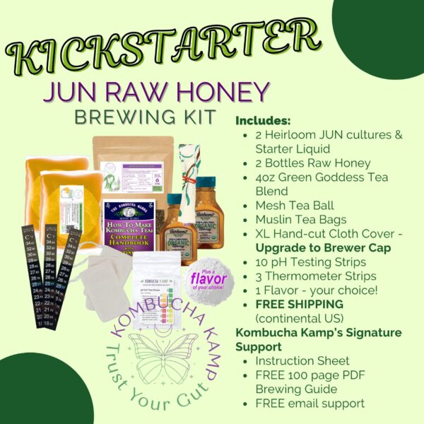 Kickstarter JUN Raw Honey kit for 2 gallon batch depicted along with included items of 2 JUN cultures, 2 bottles of raw honey, 1 bag of Green Goddess tea blend, 3 thermometer strips, 3 muslin tea bags, 10 pH strips, 1 flavor in your choice, cloth cover with rubber band and complete handbook